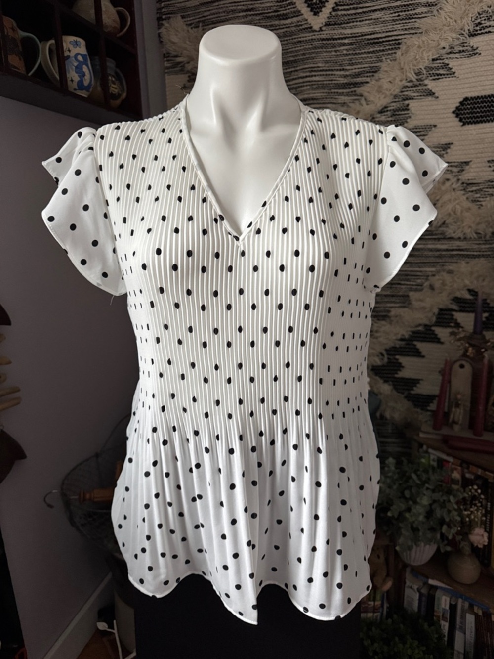 Adrianna Papell White Blouse with Black Polka Dot Pleats